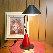 Vtg Desk Lamp Post Modern UFO Halogen Goose Neck 80s Wood Cone Base Black Metal picture