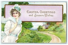 1914 Easter Greetings Pretty Woman Embossed Woodland California CA Postcard picture
