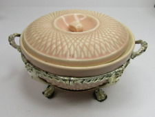 VTG Hull Pottery Pink Quilted Diamond Bakeware Casserole Dish Lid Metal Server picture