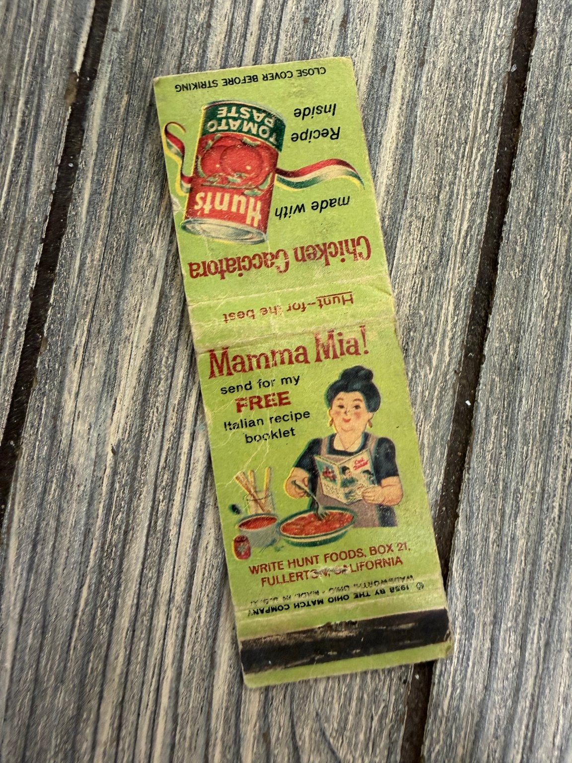 Hunt's Fullerton CA 1958 Chicken Cacciatora Recipe Mamma Mia Matchbook