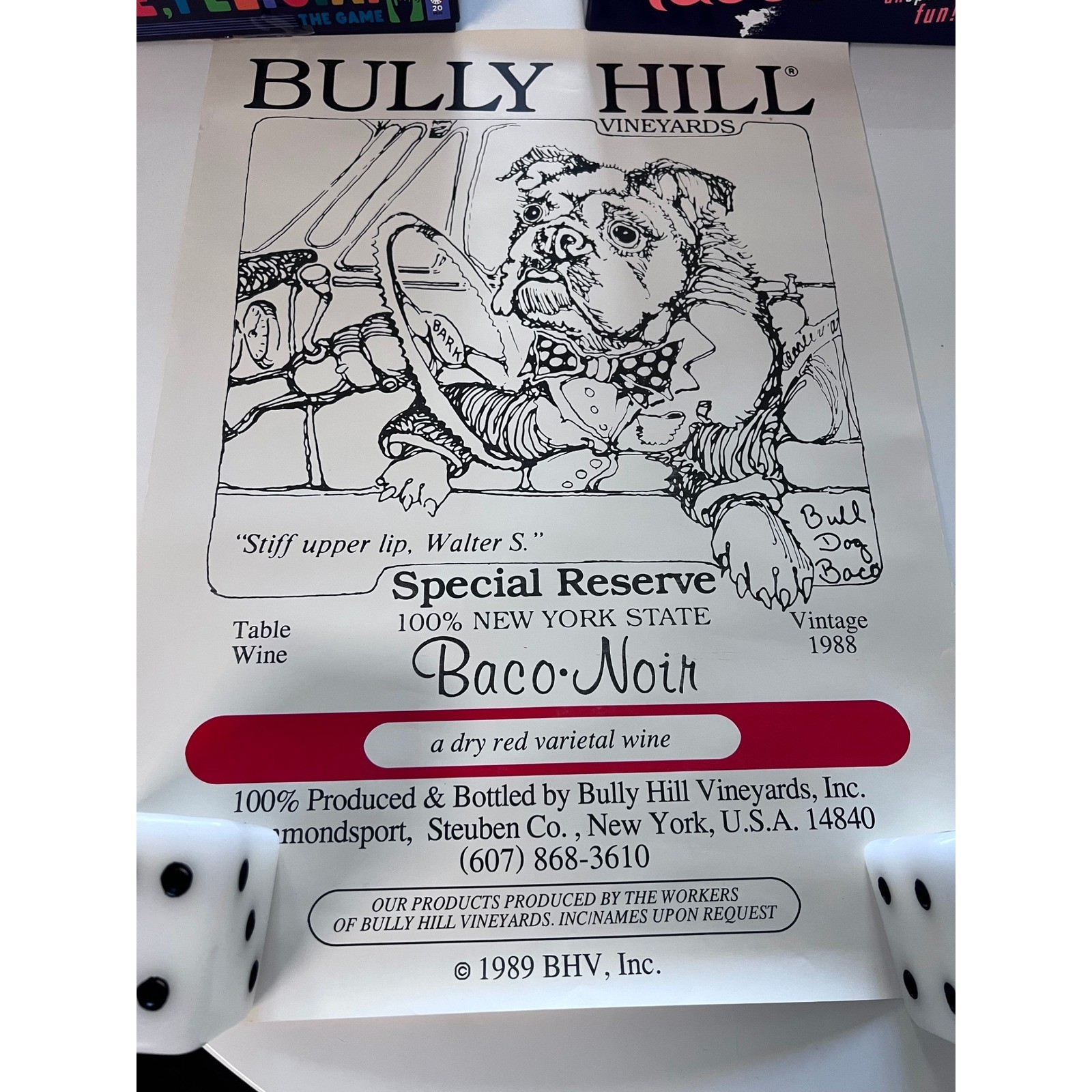 Vintage 1989 Bully Hill Vineyards Baco Noir Wine Poster Bulldog Walter S Taylor Vintage 1989 Bully Hill Vineyards Baco Noir Wine Poster Bulldog Walter S Taylor