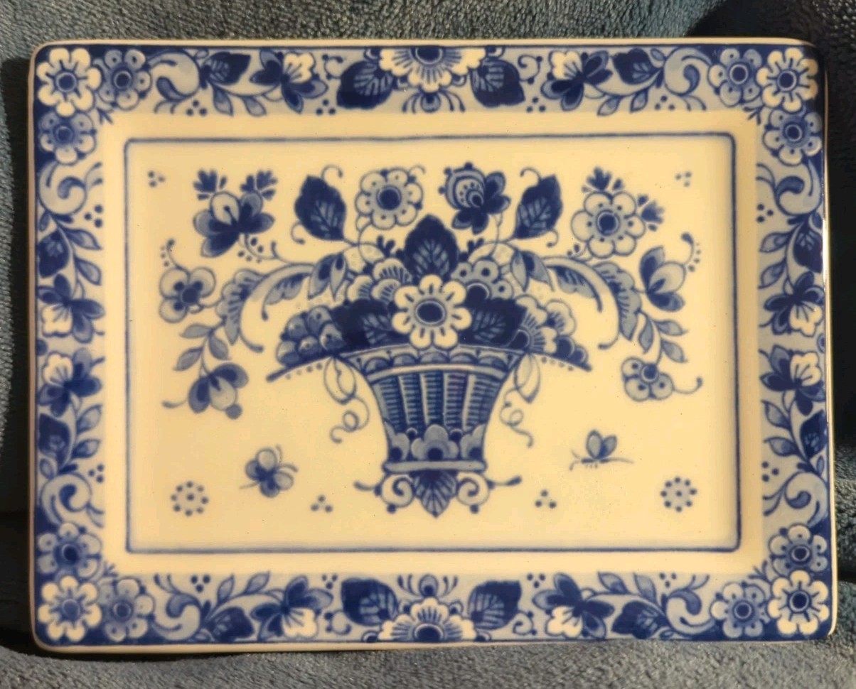 West Raven Delft Blue Ceramic Wall Plaque Basket of Flowers Holland 4.5