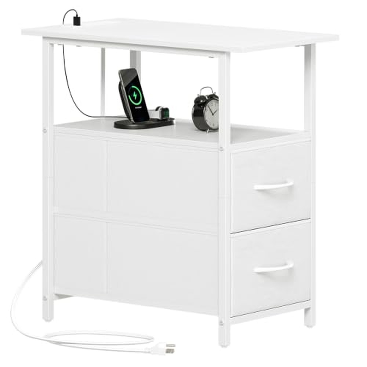 Somdot Narrow End Table with Charging Station, 2 Drawers, Slim Side Table White