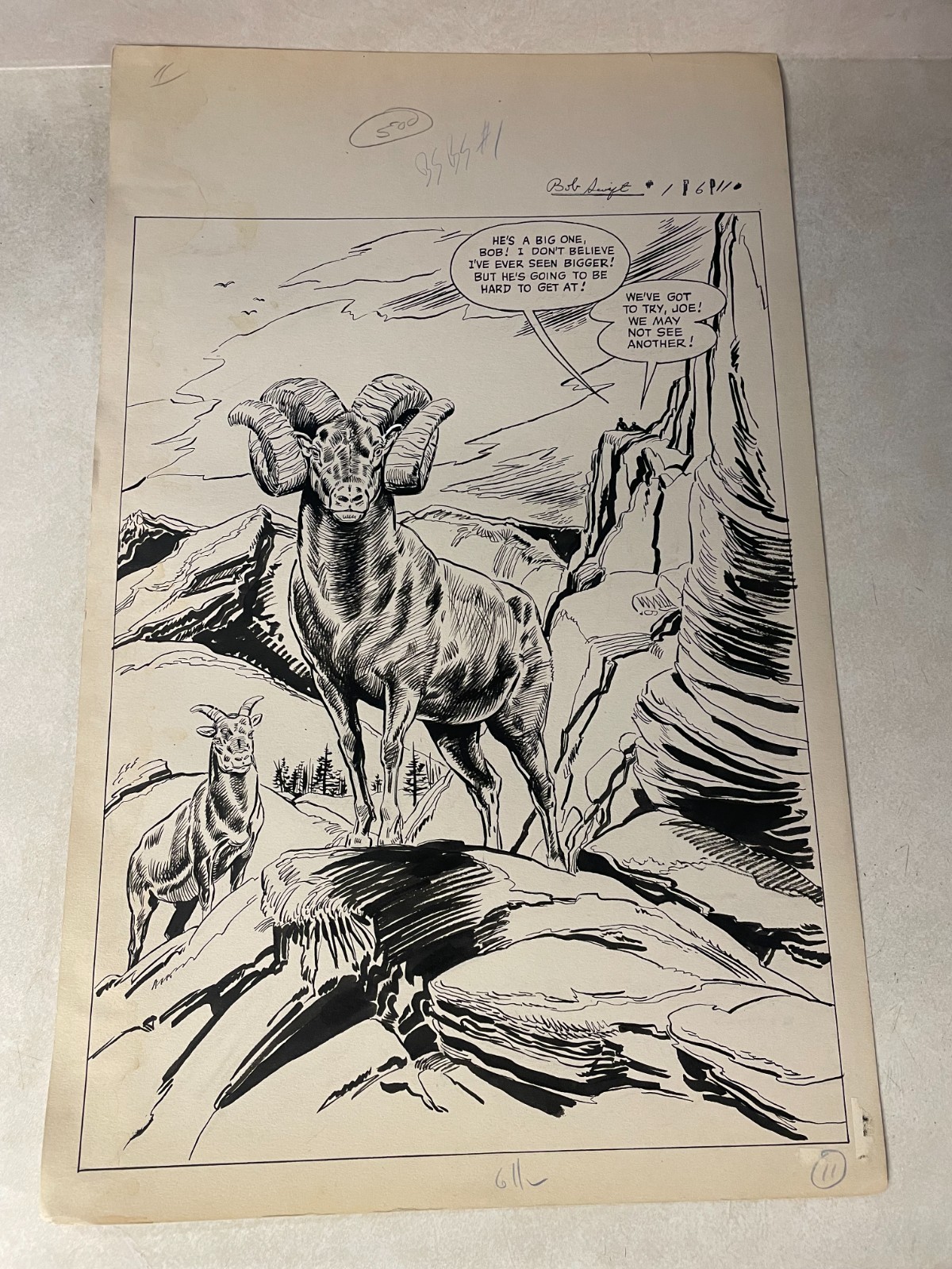 BOB SWIFT #1 original comic art 1951 HUNTING Sportsman STUNNING SPLASH BIG HORN