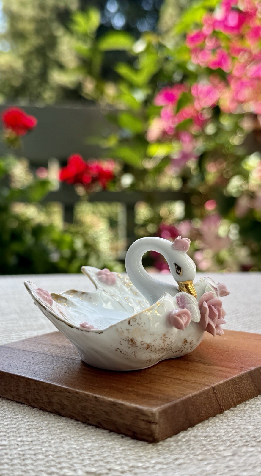 Vintage Lefton China #139 Swan Trinket Dish Pink Roses Gold Porcelain Japan