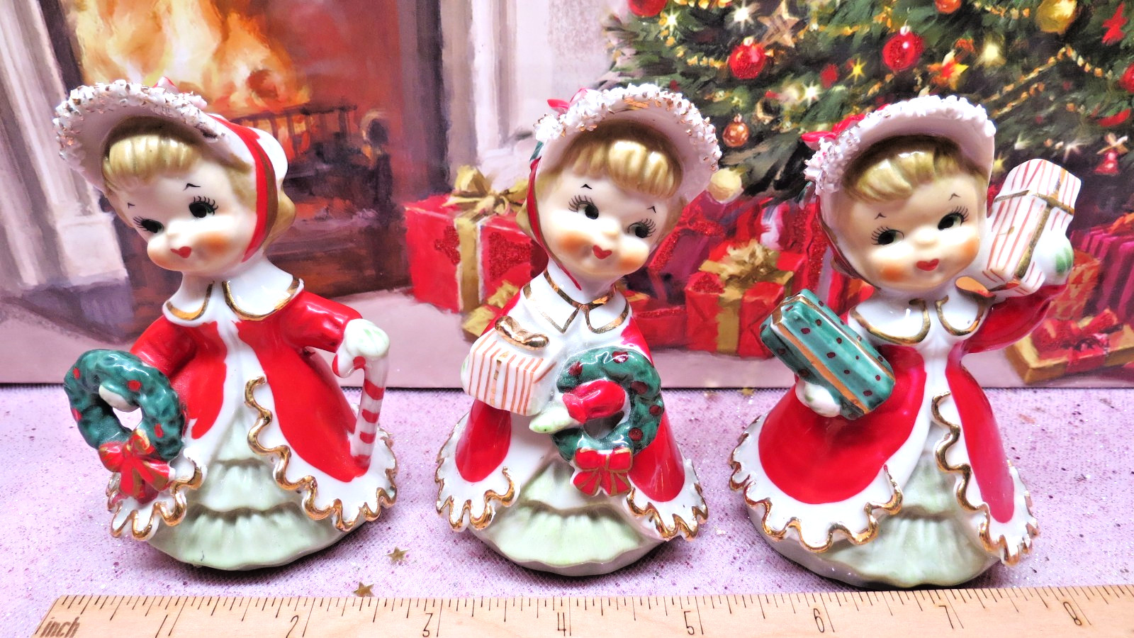 Vtg TMJ Christmas Shopper Girl Bells COMPLETE SET OF 3 POINSETTIA BONNETS GIFTS