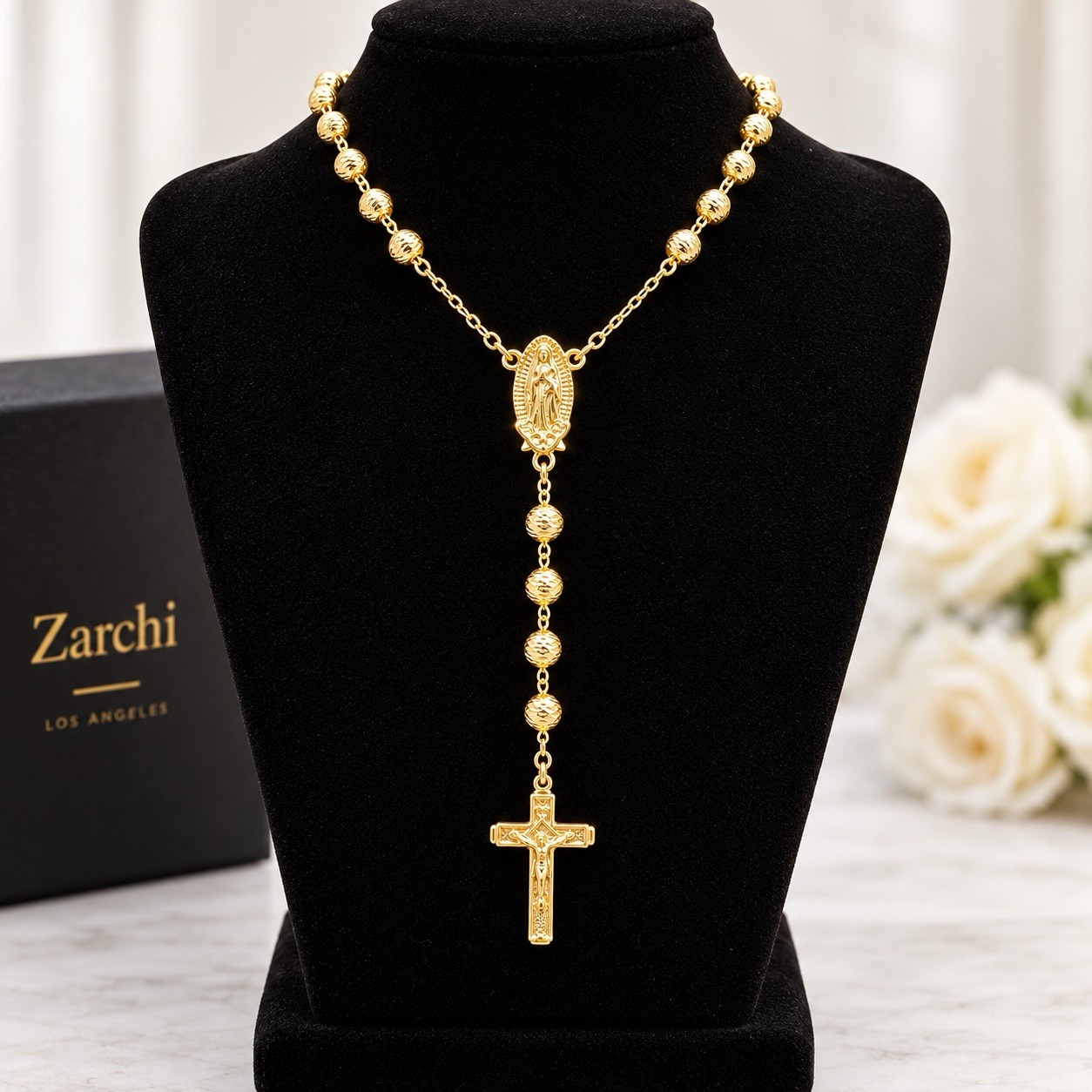 Rosary Necklace 14k Gold Plated Beaded Guadalupe& Jesus Cross
