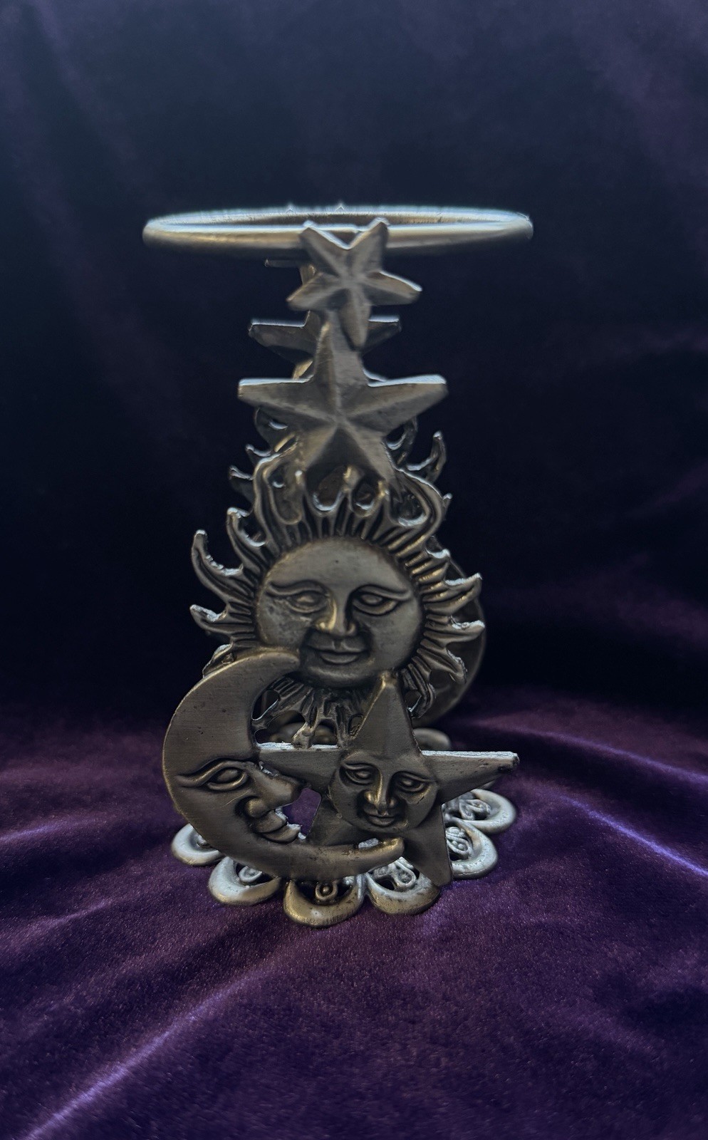 Vintage Celestial Metal Candle Holder Sun Moon Stars Pewter Finish 90s