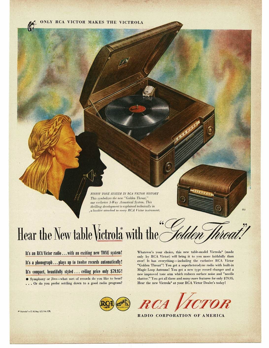 1946 RCA Victor Victrola Tabletop Record Player Radio Vintage Print Ad
