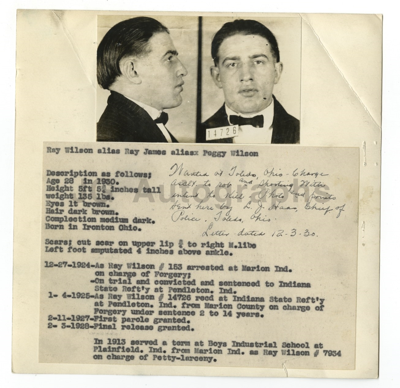 Wanted Sheet - Ray Wilson - Shooting with Intent to Kill - Toledo, OH - 1930