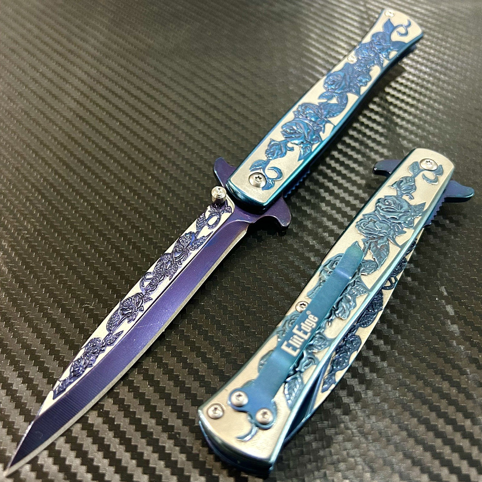 9” Blue Rose Knife Tactical Spring Assisted Open Blade Folding Pocket Knife