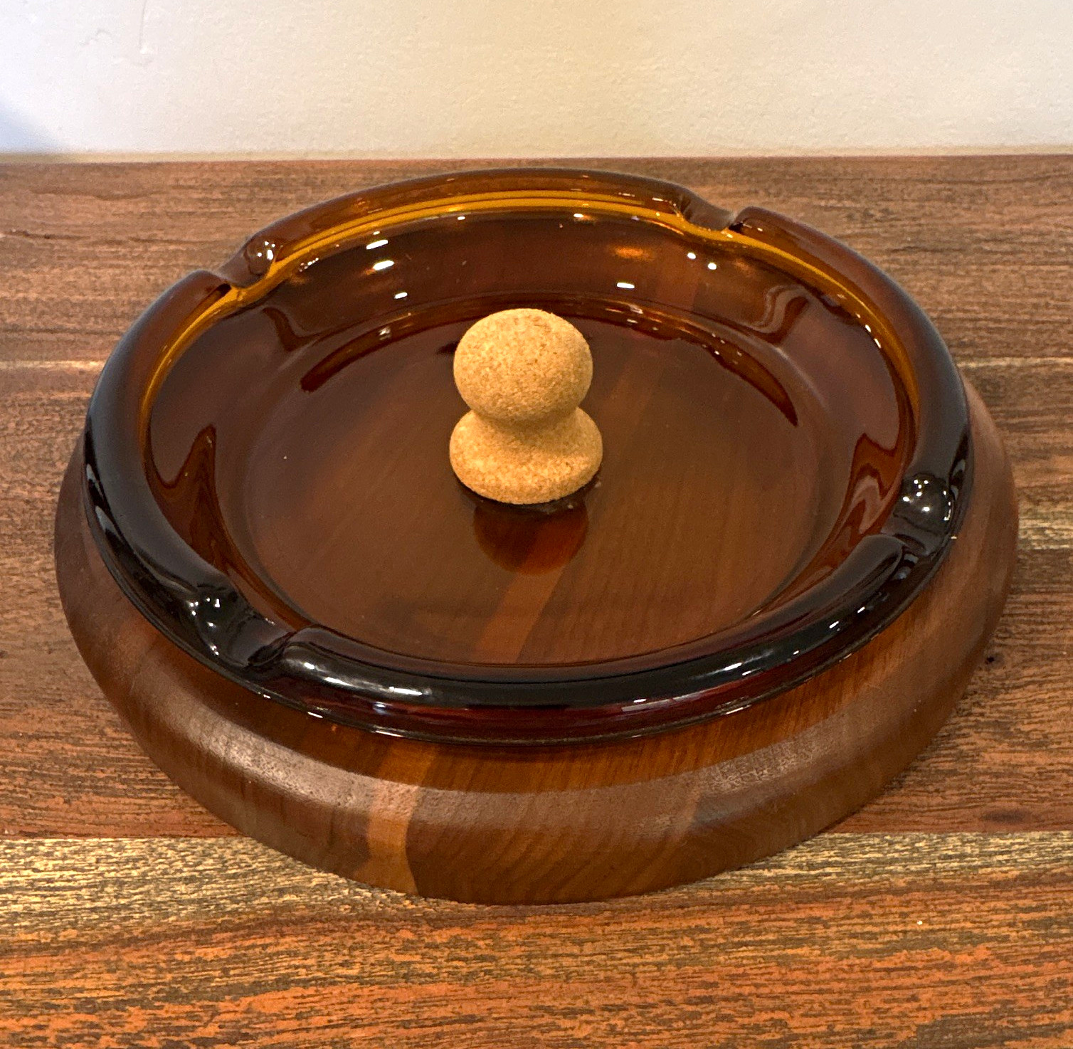 Vintage, MCM, Large Amber Glass Ash Tray w/ Cork Handle & Walnut Wood Base