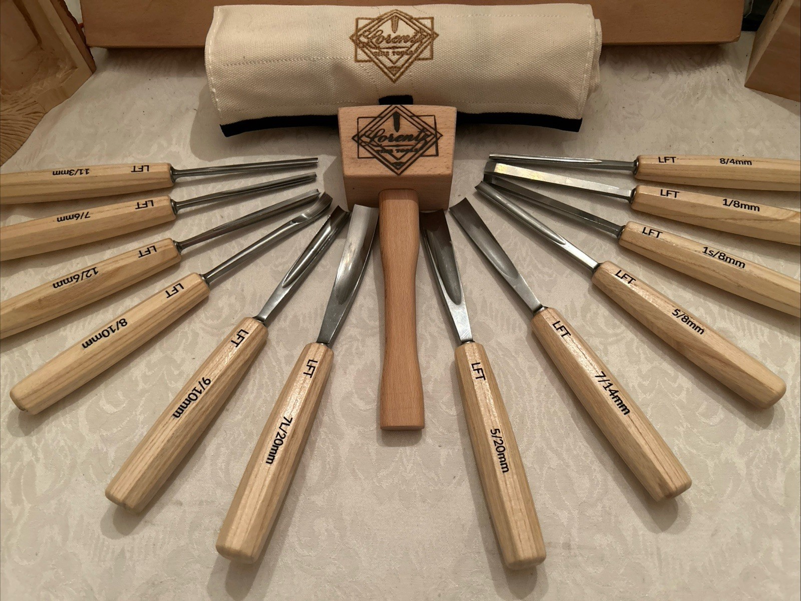 12 Gouge Carving Set W/ Mallet Case Hand Made Professionally Sharpened White Ash