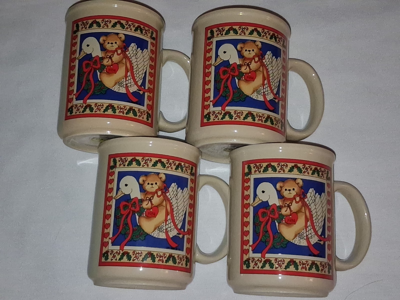 Vintage 1984 Enesco Lucy & Me Christmas Mugs Set of 4 Teddy Bear & Goose Boxed
