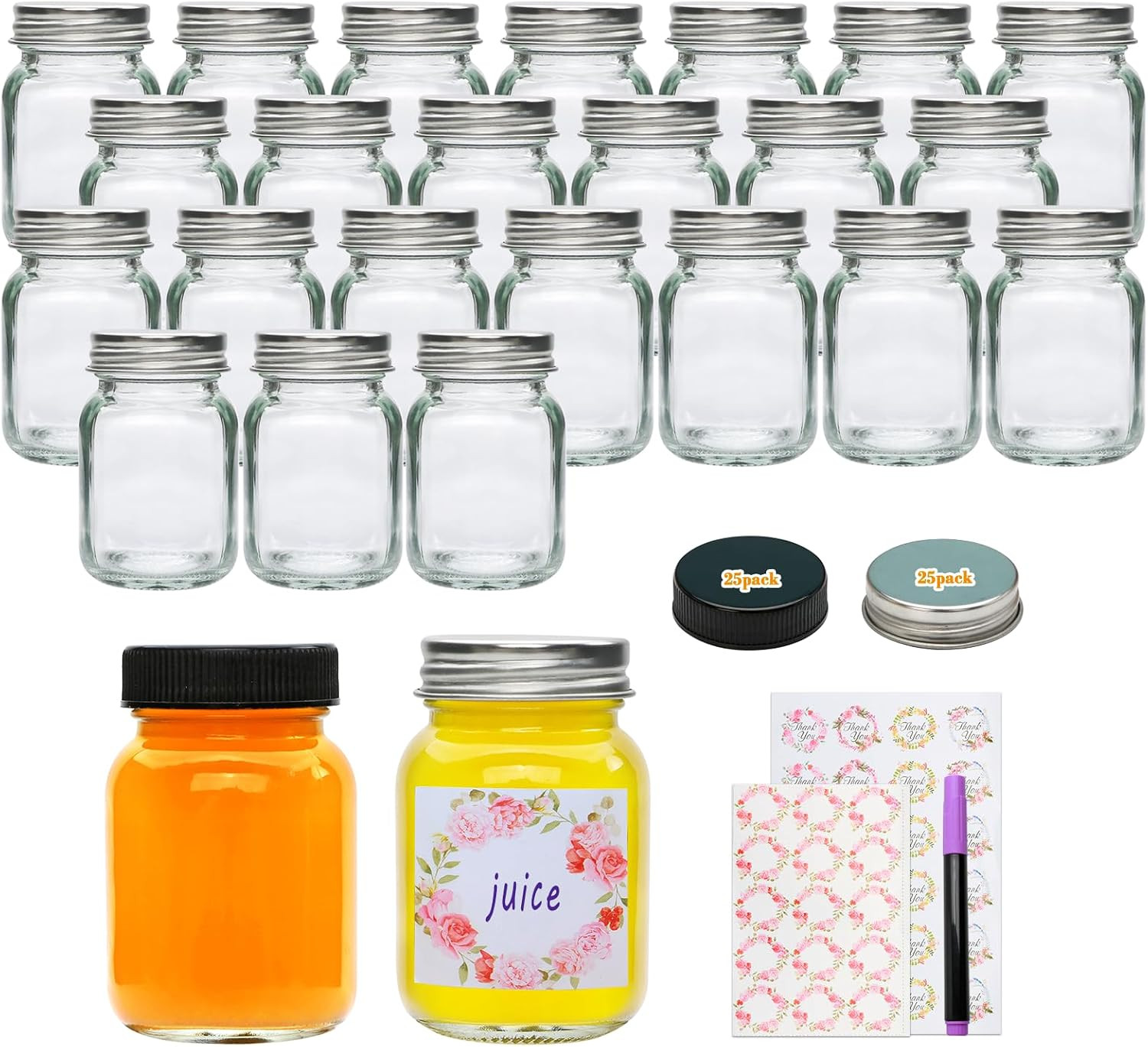 25 Pack 2 Oz Glass Mason Jars with Lids,Mini Mason Jars | Small Mason Jars for J