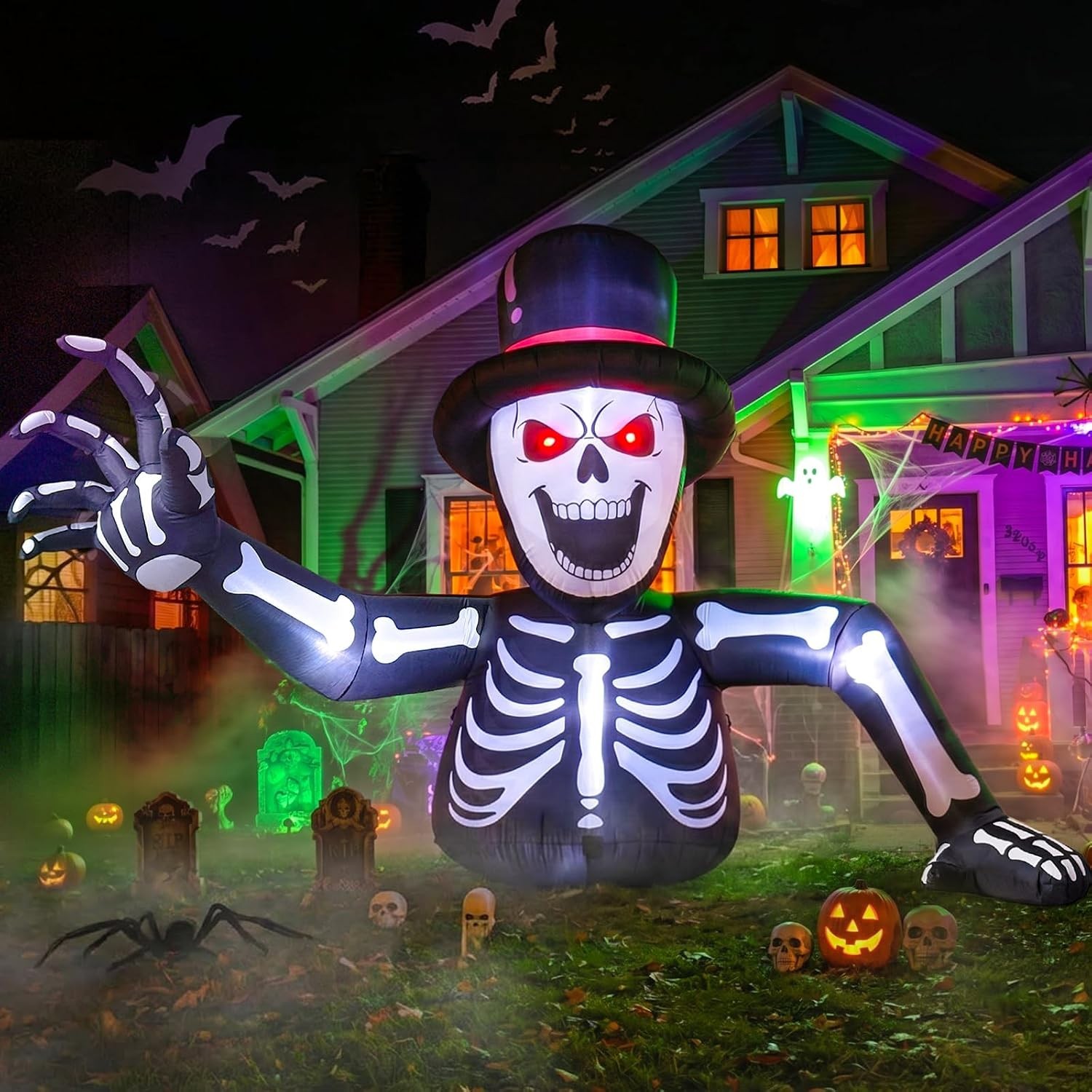 10FT Giant Halloween Inflatable Skeleton with Top Hat, Crawling Yard Decor