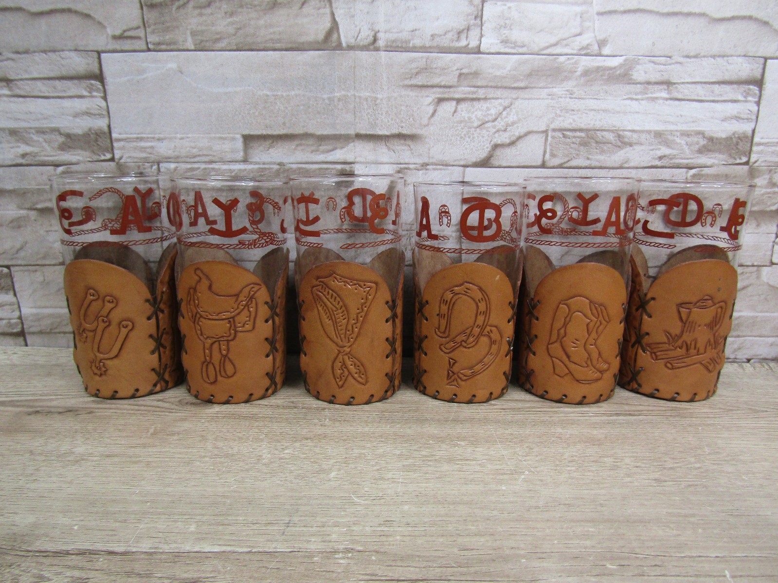 6 MCM Vtg Bamco Libbey Highball Glasses Western Themed Tooled Leather Holders