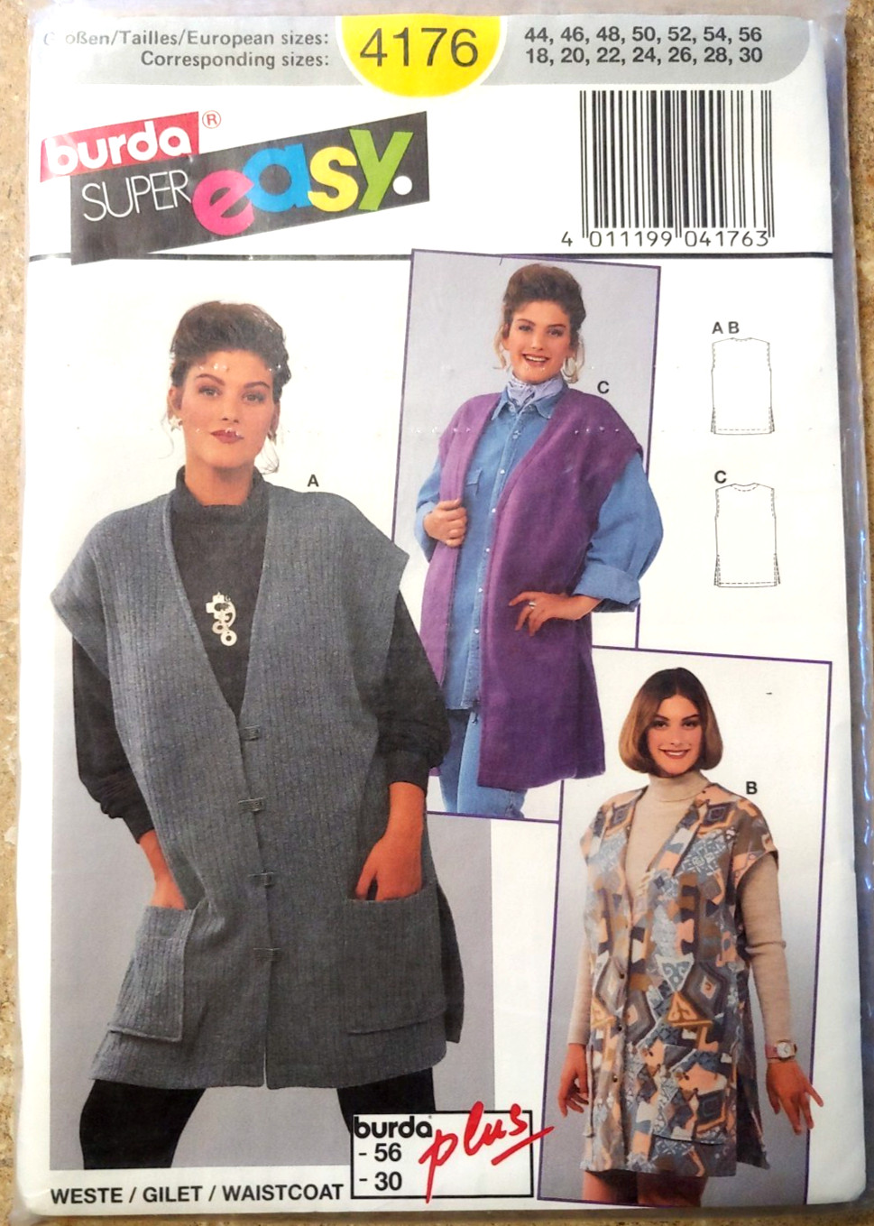 Burda 4176 Complete Uncut Unopened Vintage 80s  Long Boxy Vest Waist Coat 18-30