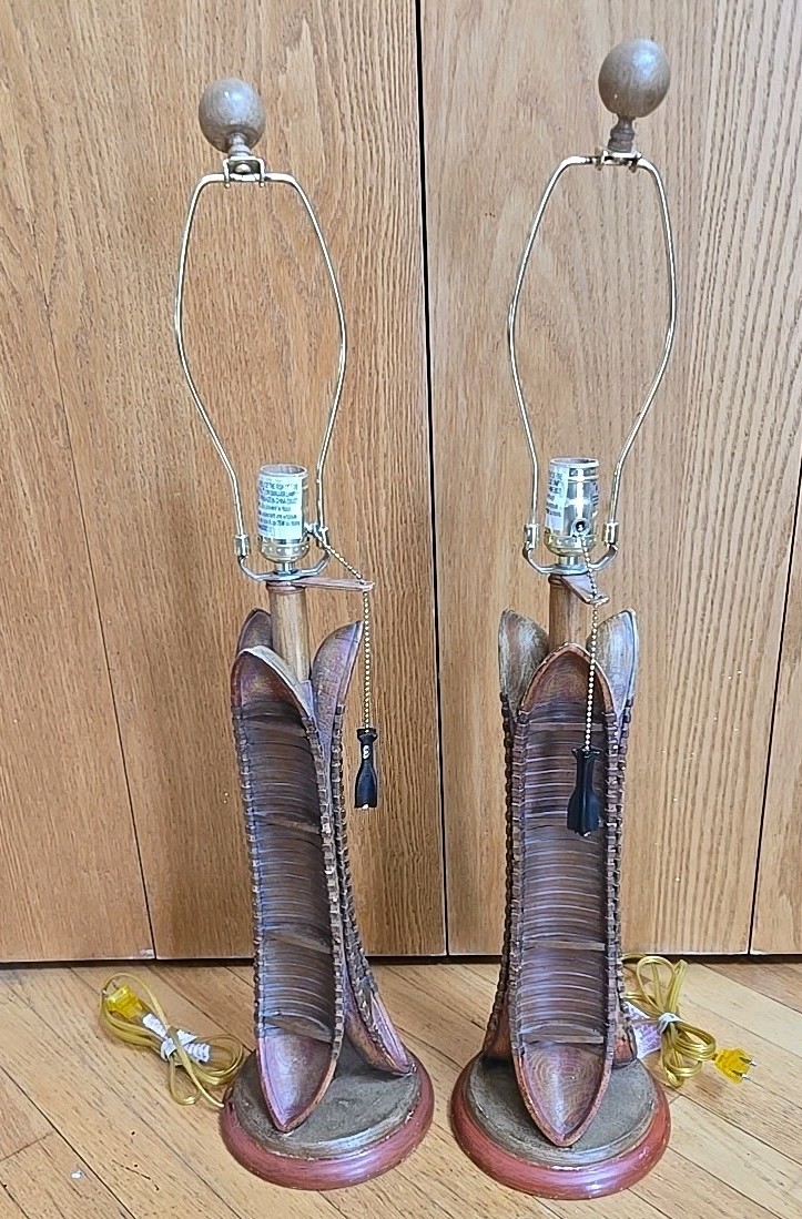 EXTRAORDINARY PAIR OF FOLK ART WOOD GRAINED CHALKWARE CANOE LAMPS-UNIQUE