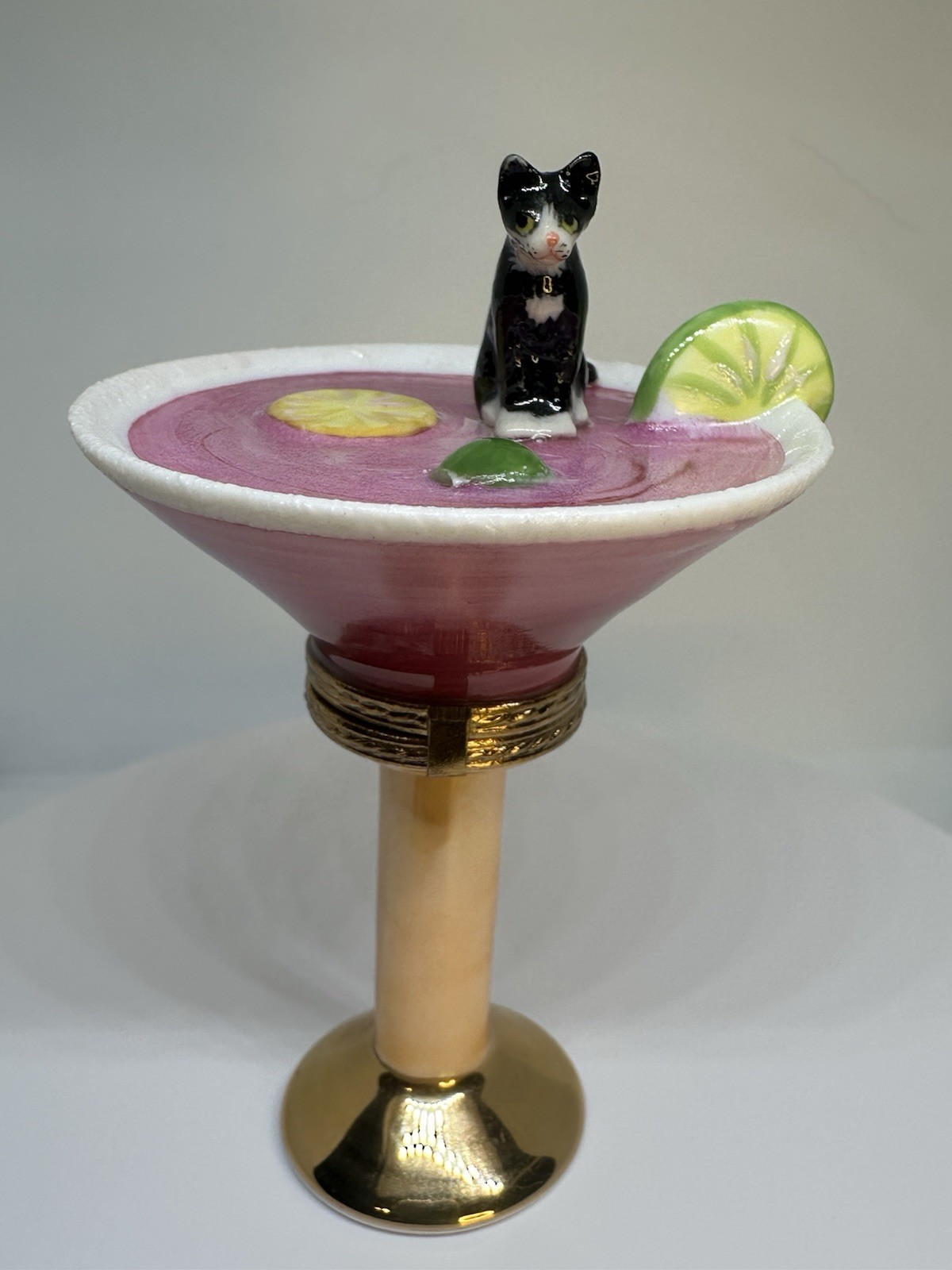 Limoges Trinket Box Tuxedo Cat Pink Martini Cocktail Glass Pierre Arquie 29/750