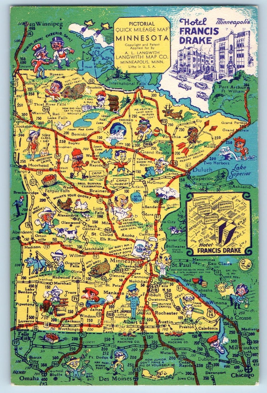 1949 Pictorial Mileage Map Minnesota Hotel Francis Minneapolis Minnesota Postcar