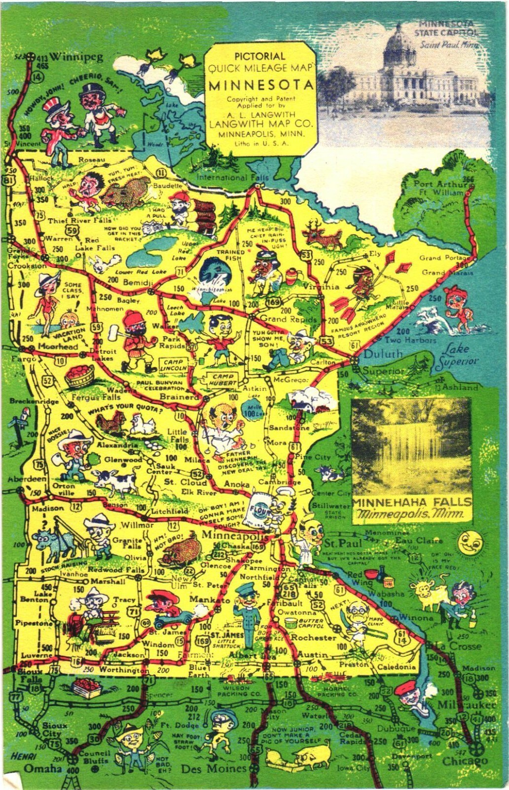 Minnesota Pictorial Mileage Map Linen Postcard 1939 Langwith Unused