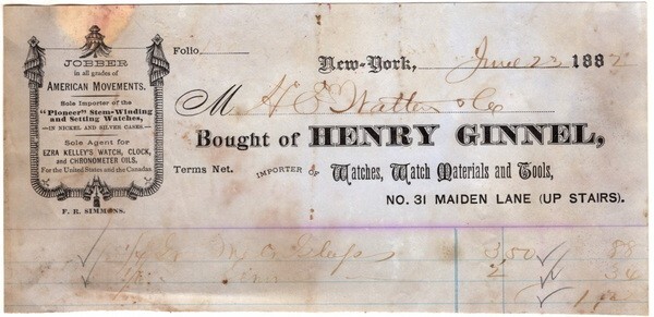 Henry Ginnel, Watches...sold to H. E. Walter & Co Richfield Springs, NY, 6/23/82
