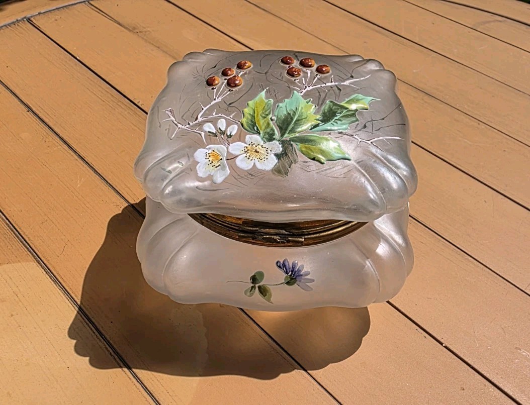 VTG, Antique Hand Enameled Frosted ArtGlass Jewelry Box  1900 BROKEN HINGE