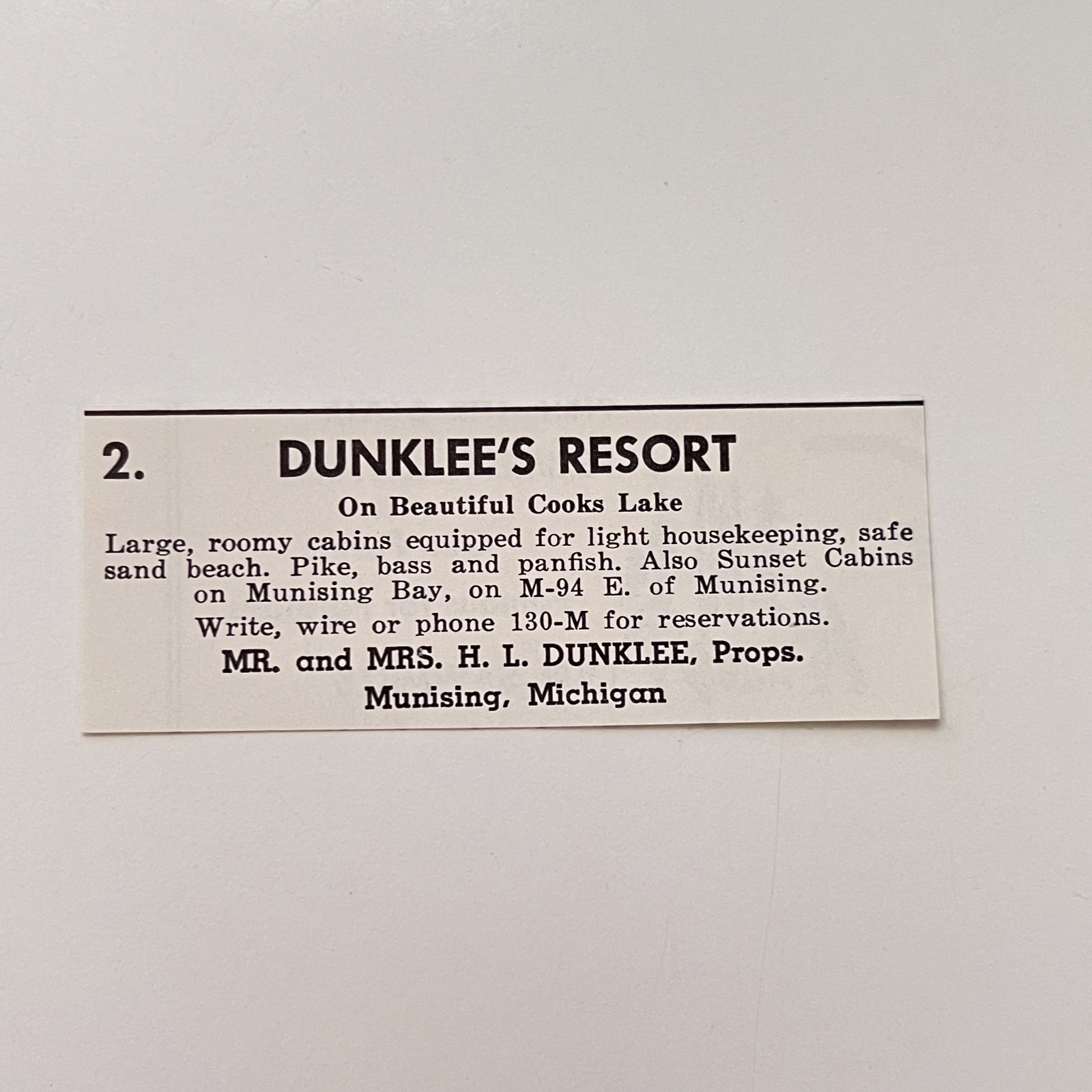 Dunklee's Resort Mr. & Mrs. H. L. Dunklee in Munising 1958 MI Ad TAK3-S6