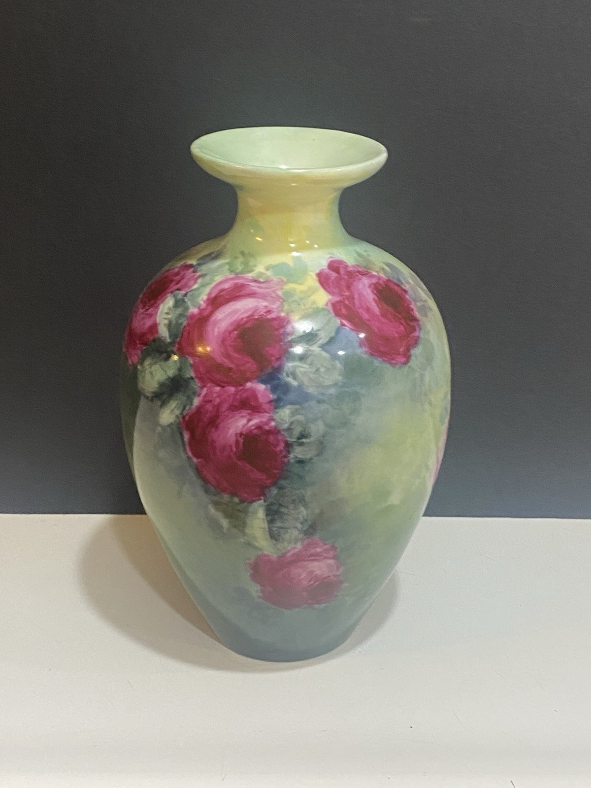  Antique Hand Painted Porcelain Cabbage Rose Vase Signed E.F. Snyder 9.5