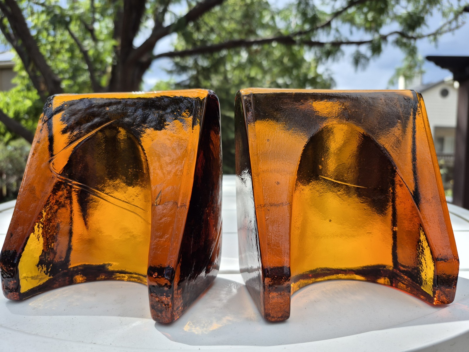 Vintage Blenko Glass Wayne Husted Design Bookends Honey Amber Mid Century Heavy 