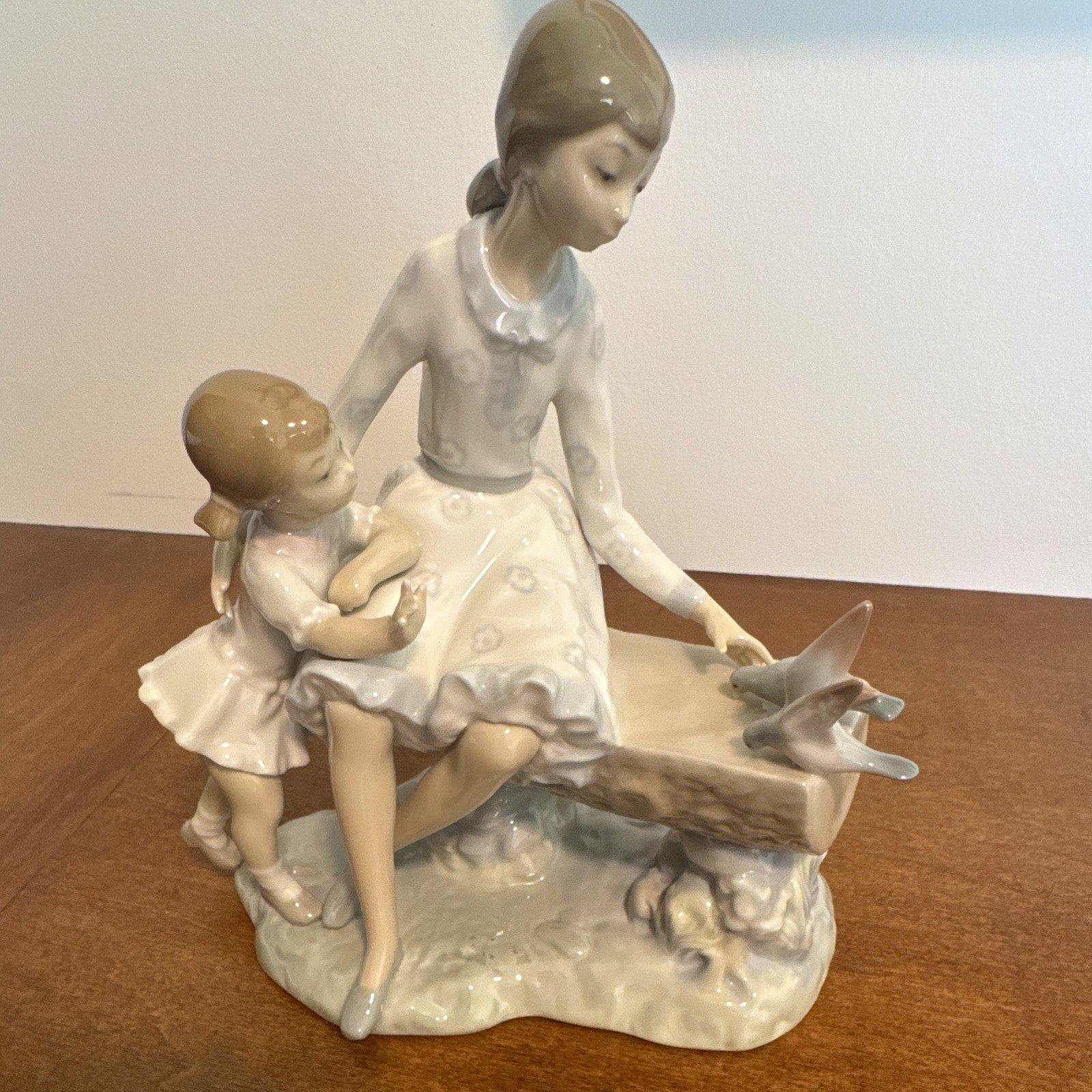 NAO by Lladro Figurine 2 Young Girls on Bench Feeding Birds 1970s NAO by Lladro Figurine 2 Young Girls on Bench Feeding Birds 1970s