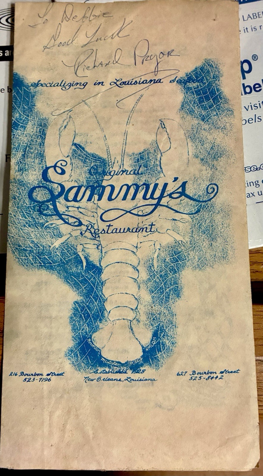 Vintage Richard Pryor Autograph On An Original Sammy’s Restaurant  Menu