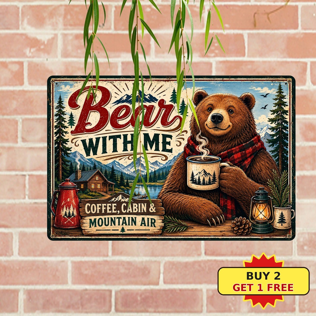 Cozy Cabin Wilderness Bear Mountain Silhouette Art Vintage Metal Sign 8x12
