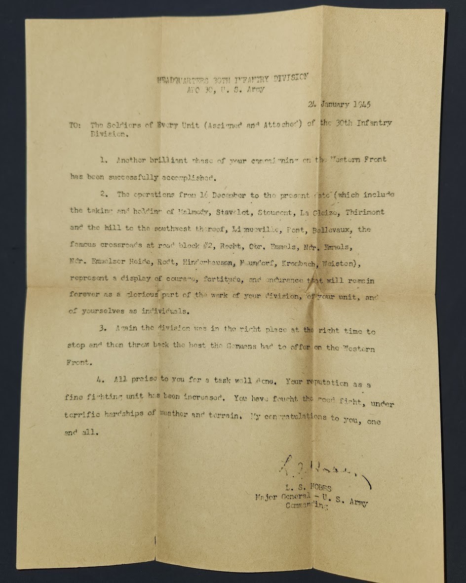 Original WW2 Commendation Letter Dated Jan. 24, 1945 Headquarters 30th Infantry 