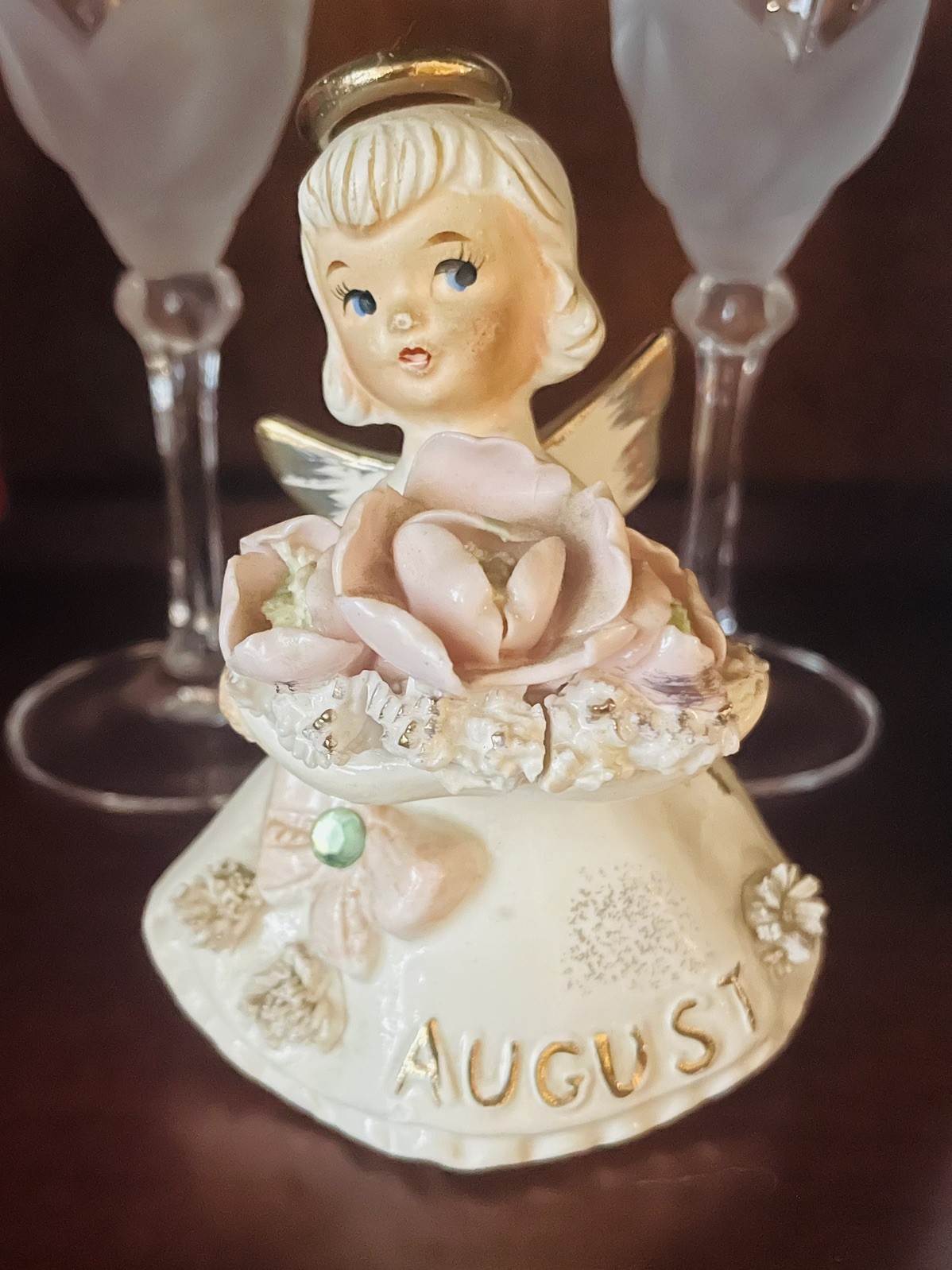VTG Lefton August Birthday Angel Poppy Peridot 489 Geo z. Lefton Flower 4.5”