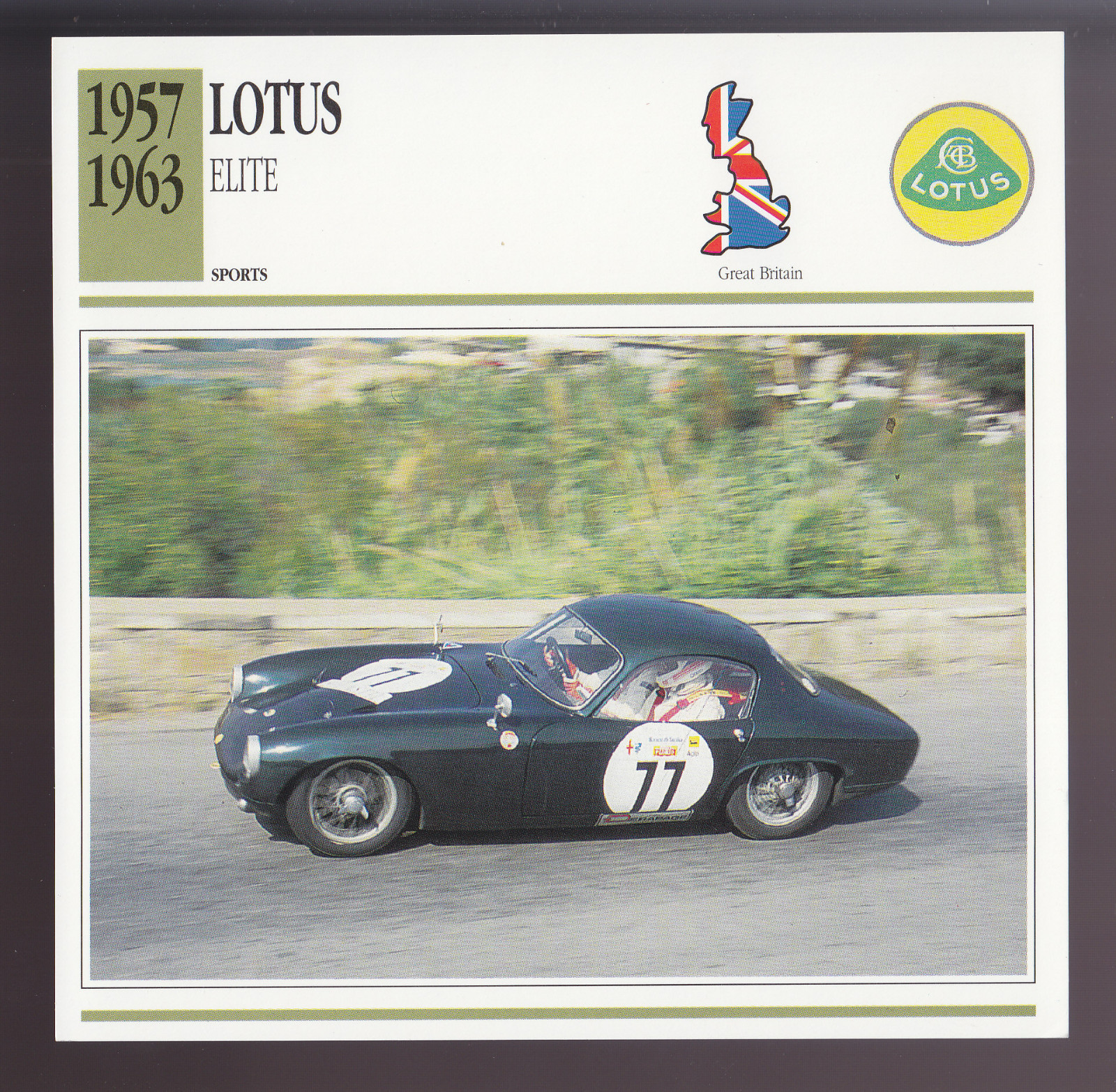 1957-1963 Lotus Elite Car Photo Spec Sheet Info CARD 1958 1959 1960 1961 1962