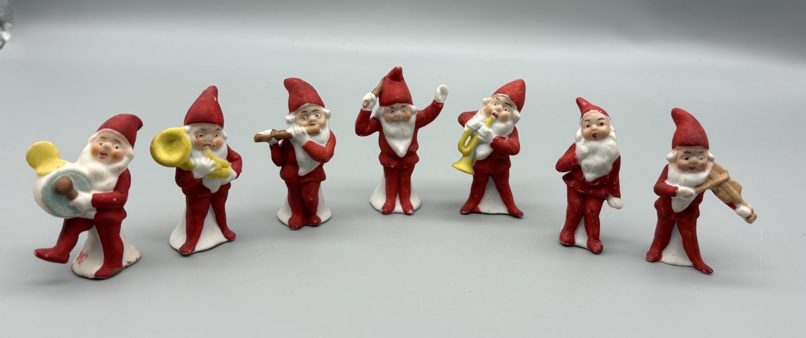 Antique German Bisque Miniature Figurines Red Santa Elf Elves 7 Piece Band