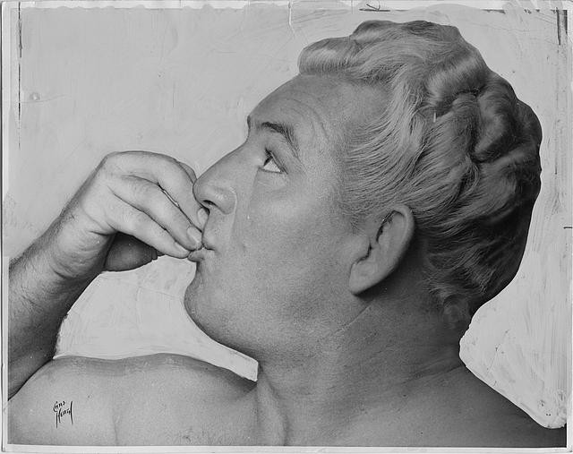 Gorgeous George 1949 Profile Fingers Clasped at Mouth Wrestling Photo