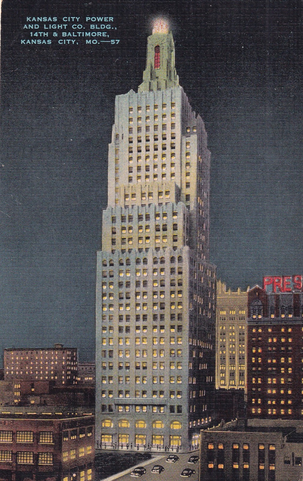 Kansas City MO Missouri Power & Light Company Building Night 1943 Postcard F17 Kansas City MO Missouri Power & Light Company Building Night 1943 Postcard F17