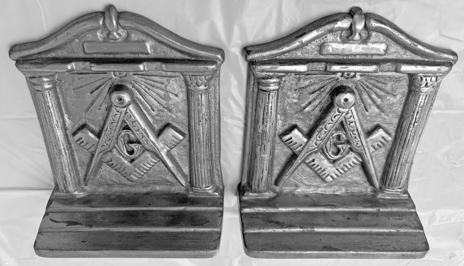 Vintage MASONIC BOOKENDS Hand Cast Iron Circa 1925 All Seeing Eye Square Compass