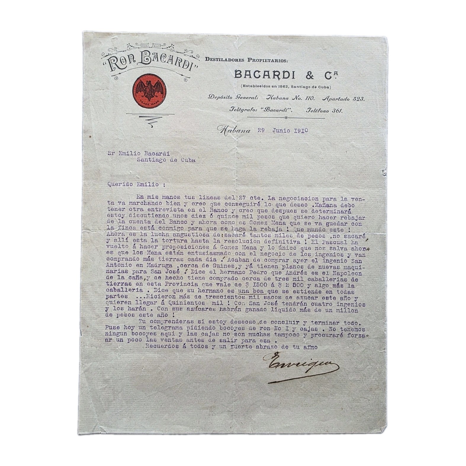 1910 Bacardi Rum Typed Letter Signed Emilio Bacardi Enrique Schueg Sugar Empire