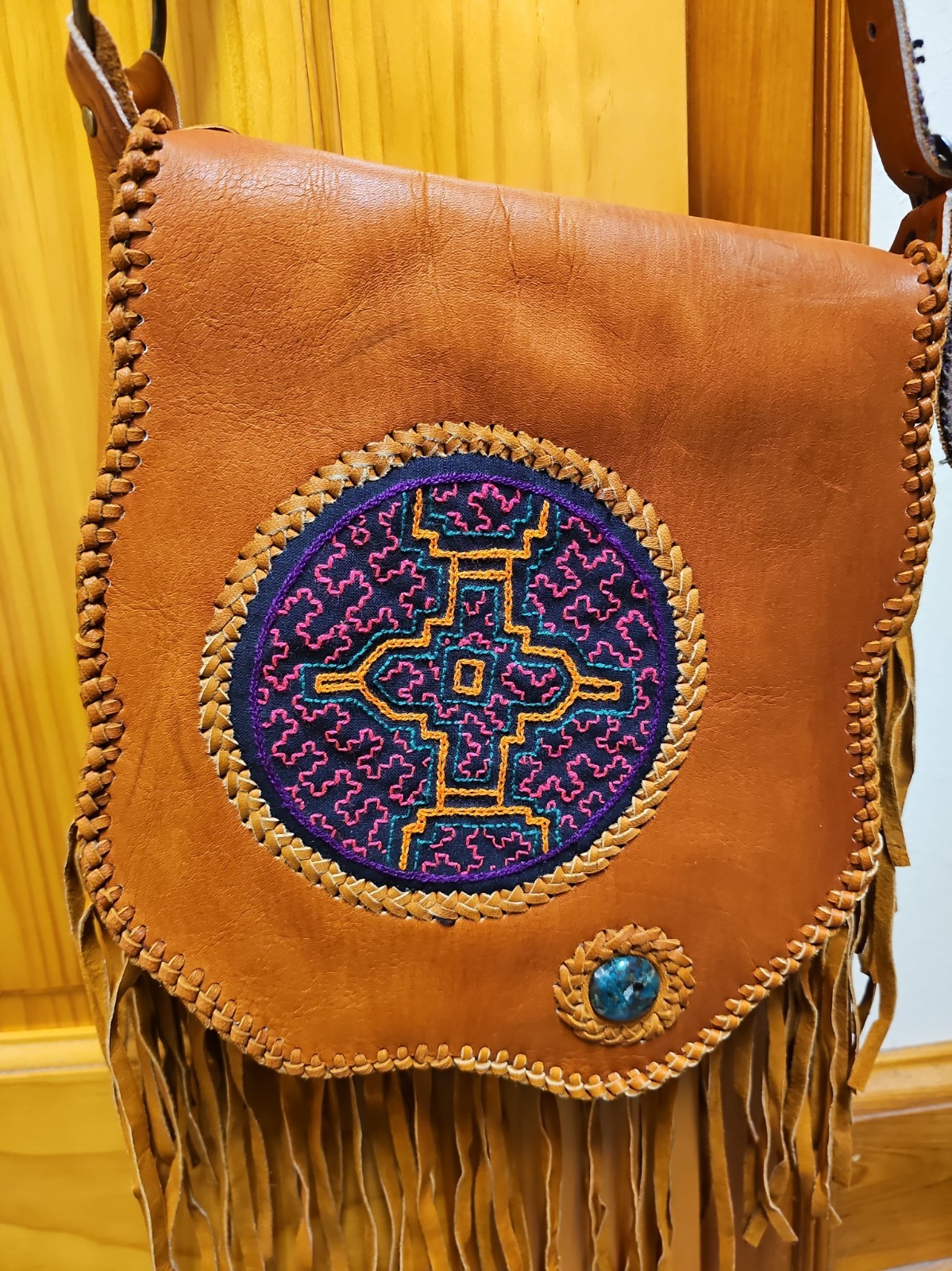 Handmade Leather Bag Fringe Peru Shipibo Tribe Embroidery & Chrysocolla Stone Handmade Leather Bag Fringe Peru Shipibo Tribe Embroidery & Chrysocolla Stone