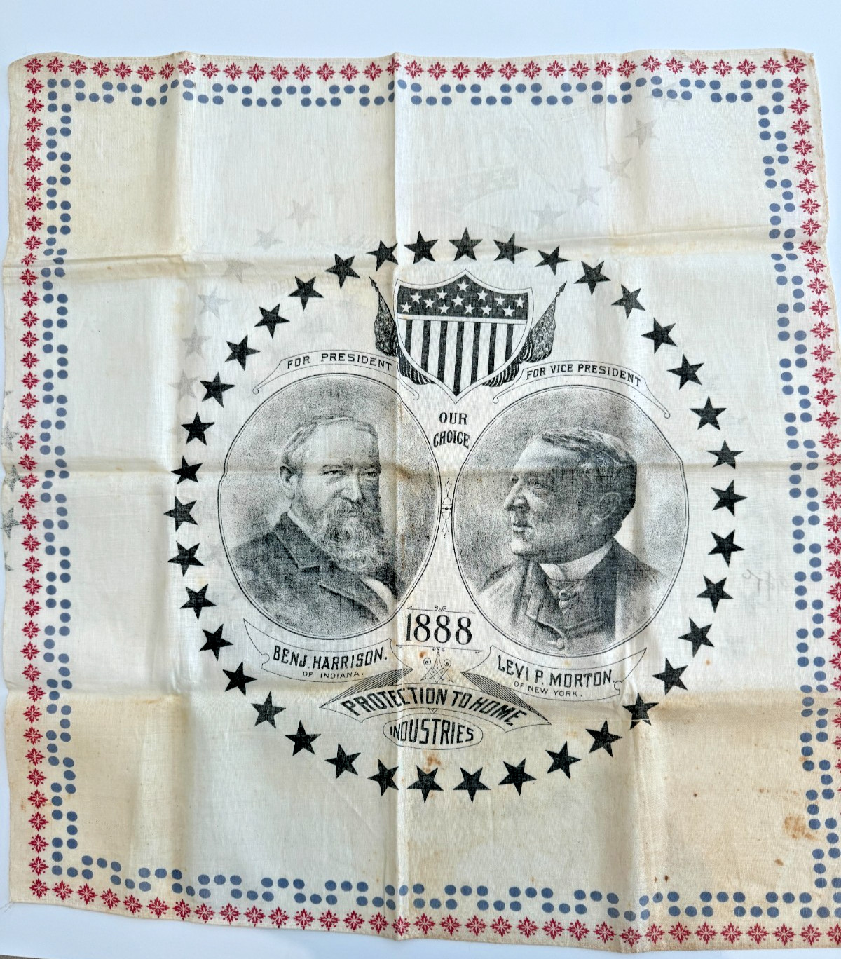 1888 Benjamin Harrison Levi P Morton Campaign Handkerchief Protection Industries