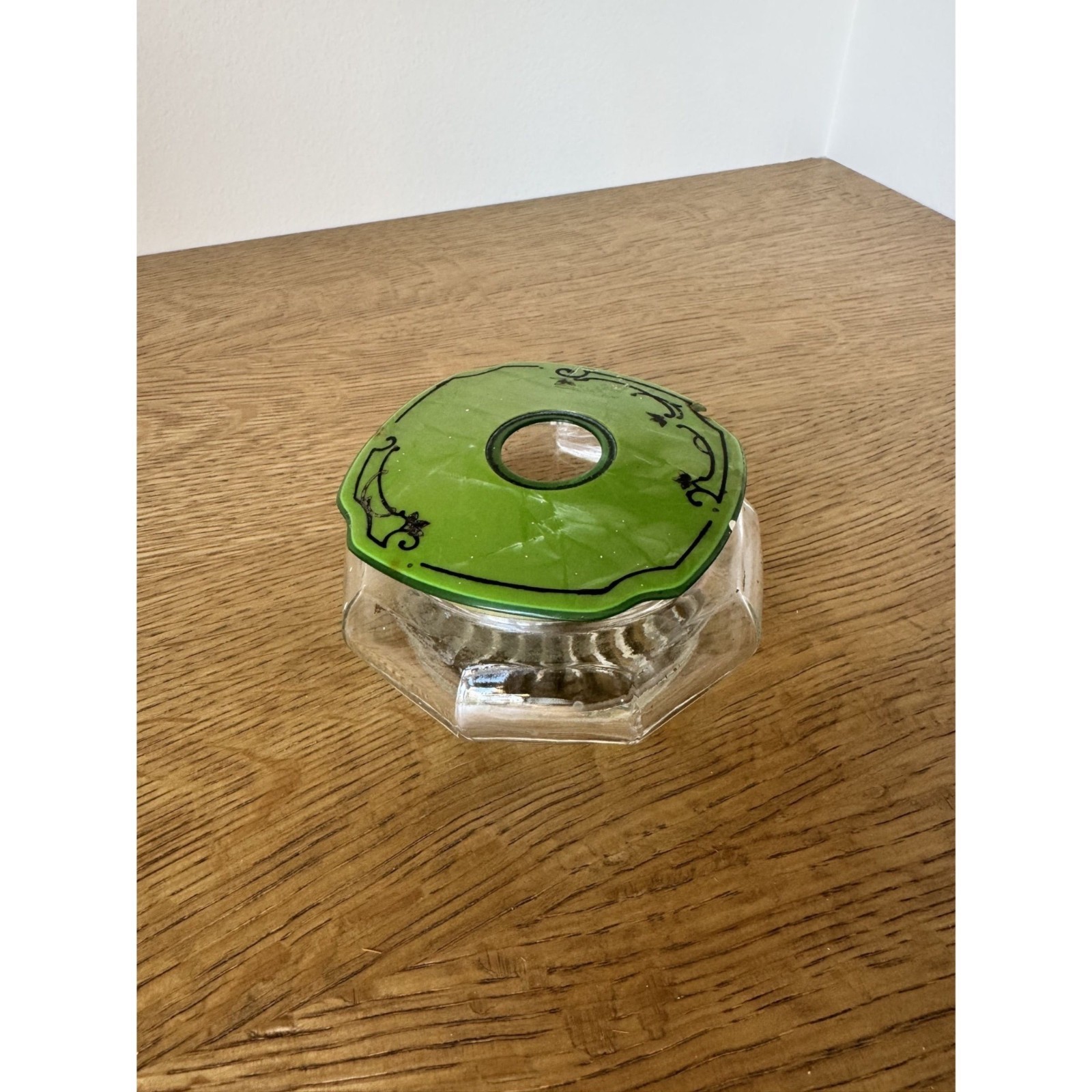 Vintage Green Hair Receiver Vanity Jar with Painted Lid | Early Celluloid Style