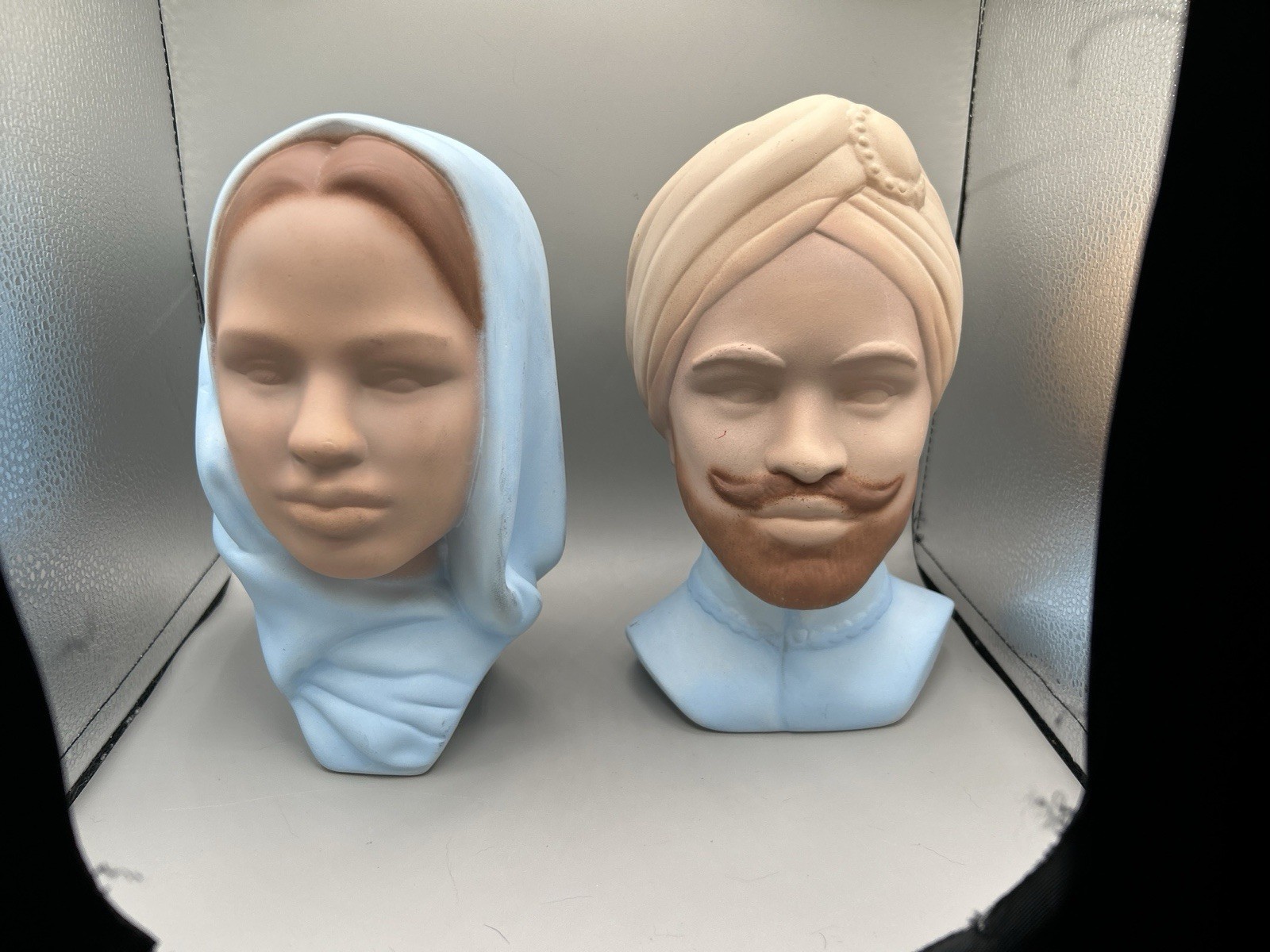 Vintage Pair/Lot Of 2 Marwal Chalk Ware Bust Man Woman Turbin Scarf Hand Painted
