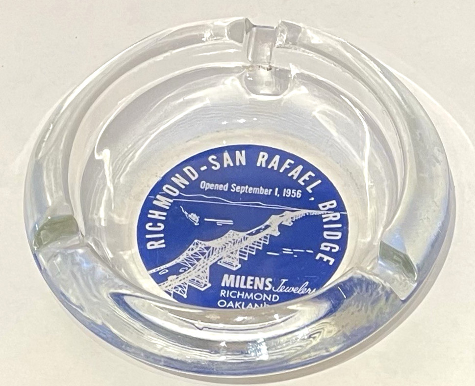 VTG MILENS Jewelry, RICHMOND - SAN RAFAEL, BRIDGE  Glass Ashtray Souvenir☚☚👀