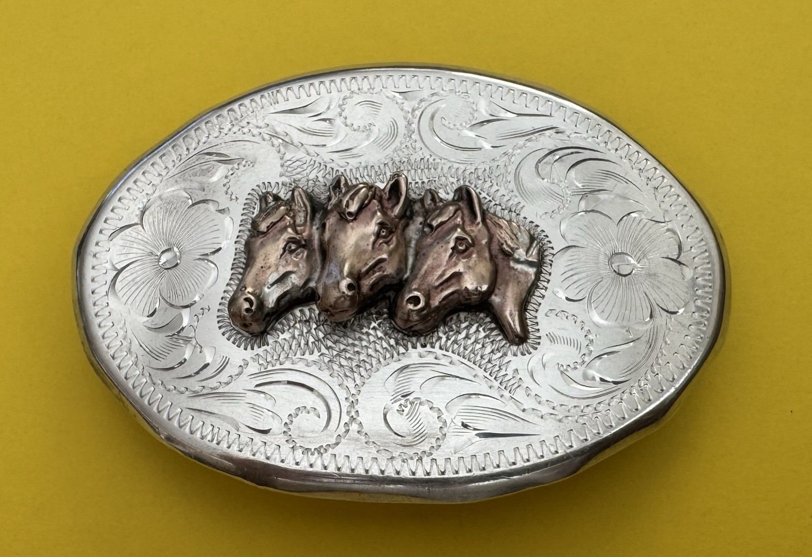 VTG Old Western American Fleming Sterling Silver Triple Horse Heads Belt Buckle