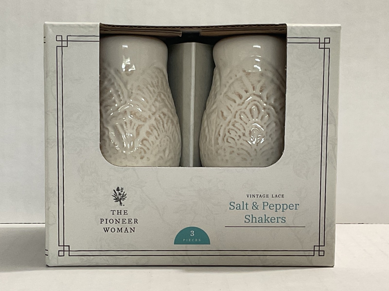 The Pioneer Women Vintage Lace Salt & Pepper Shaker With Tray New