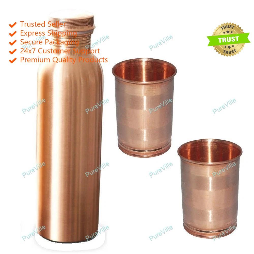 Vintage Pure Copper and 2 Glass Water Plain Bottle Health Ayurveda Leak